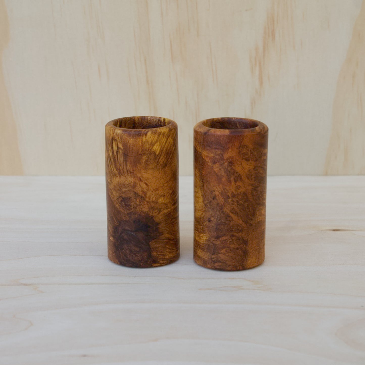 River Tamarind Burl Pair of Shot Glasses