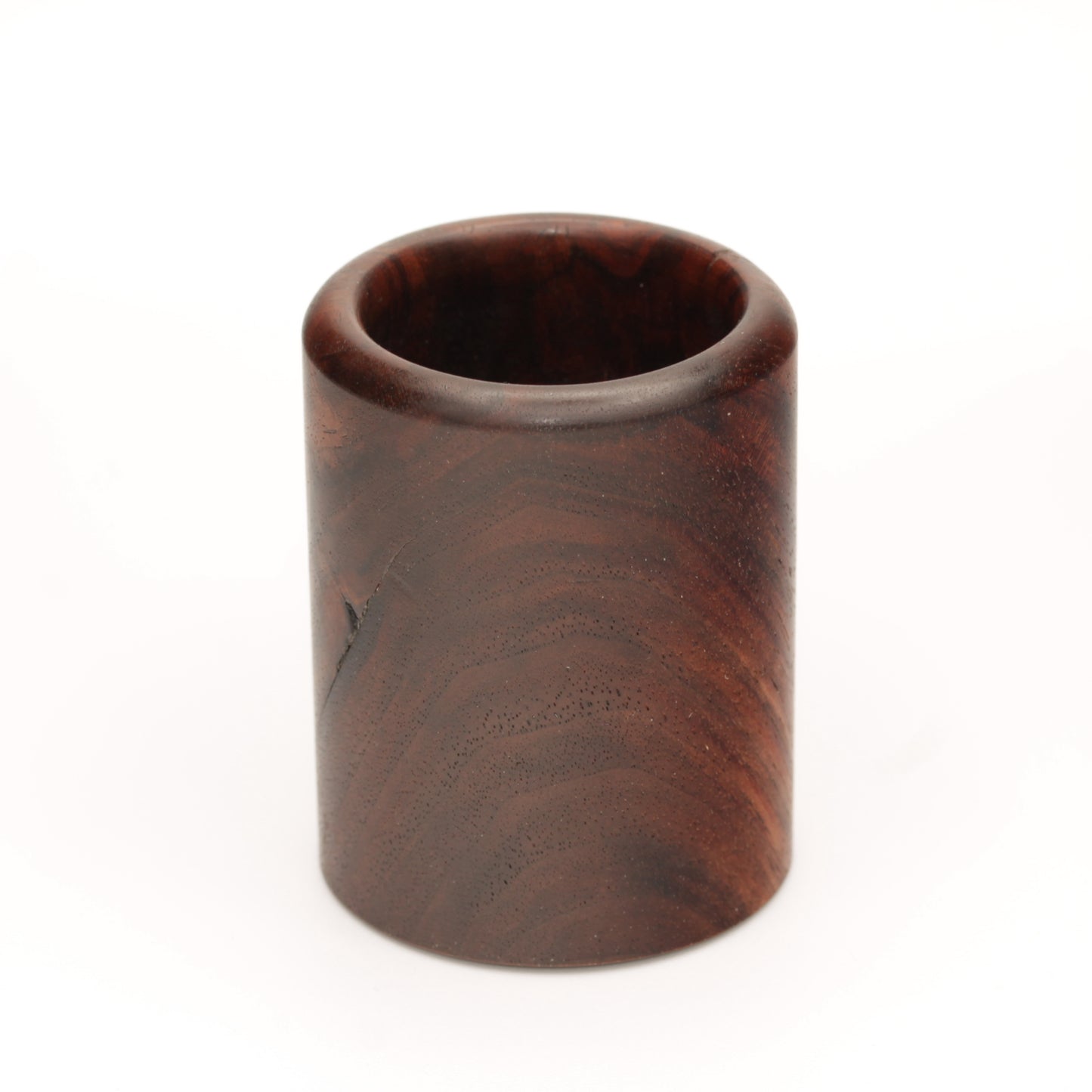 rich brown wooden with lighter streaks and subtle variations in grain shot glass on a white background. 