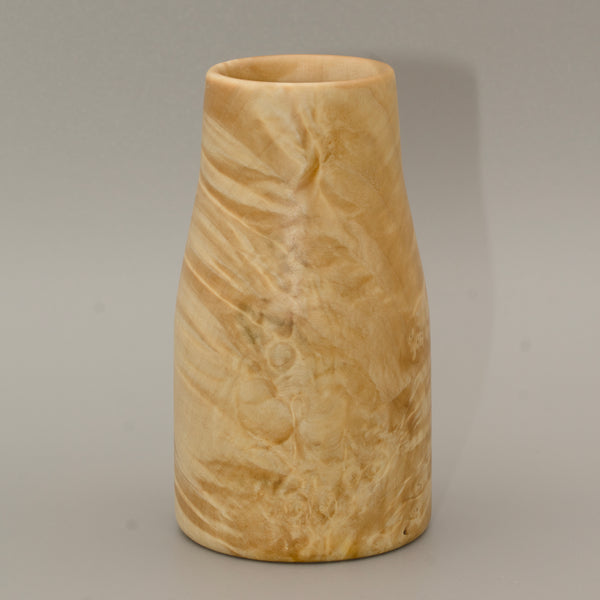 Giant box elder burl wood shot glass against white background