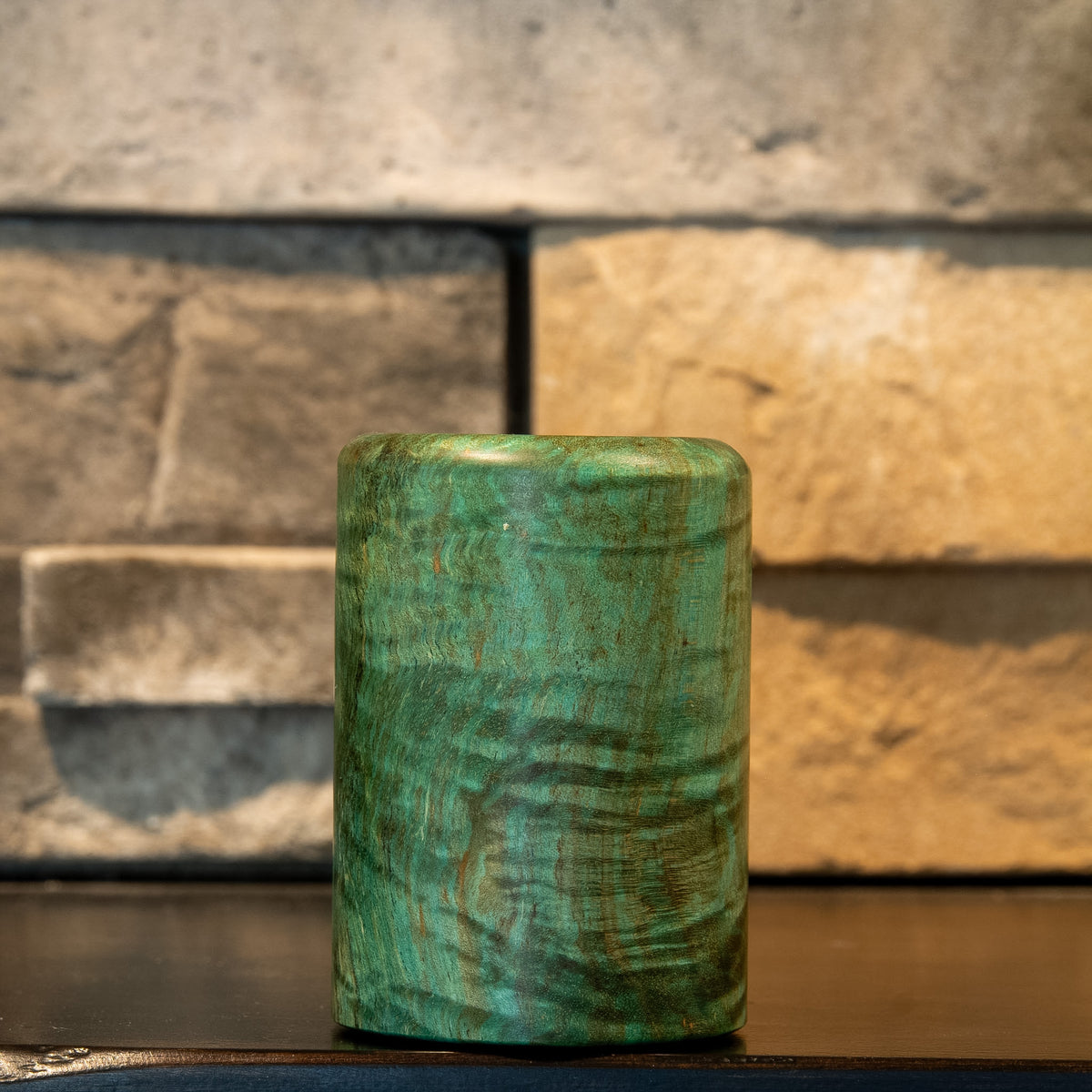 Alternate rotation of Lichen & Lattice with layered teal curly maple figure
