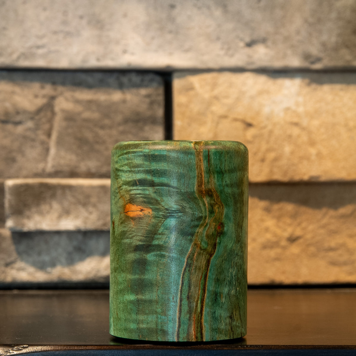 Lichen & Lattice stabilized spalted curly maple shot glass with teal-green figure and vertical spalting