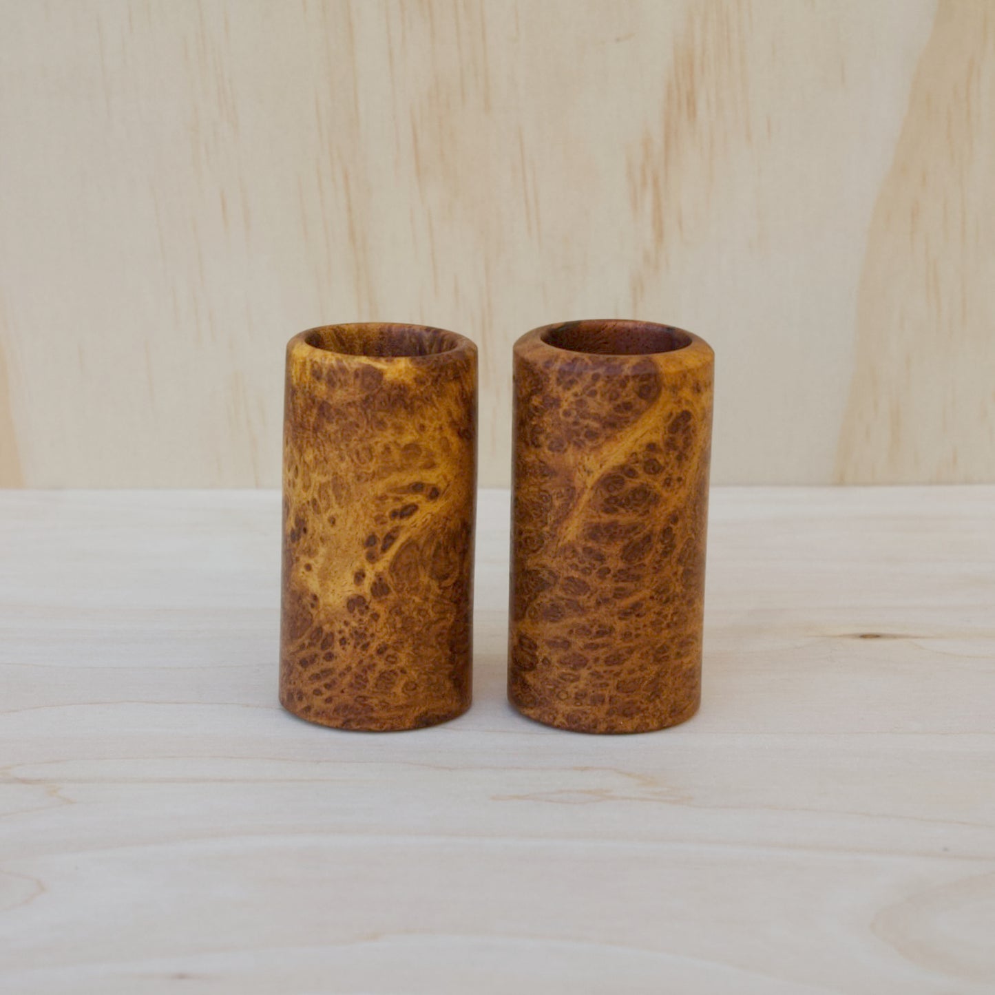 River Tamarind Burl Pair of Shot Glasses