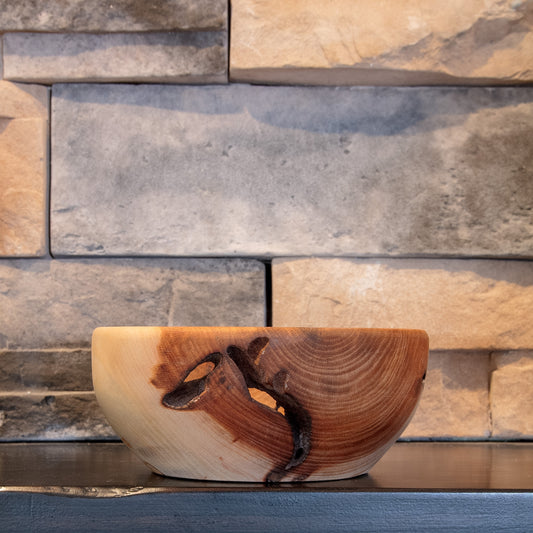 The Space Between American Sycamore bowl showing full profile, contrasting pale and reddish grain, and clustered natural through-voids