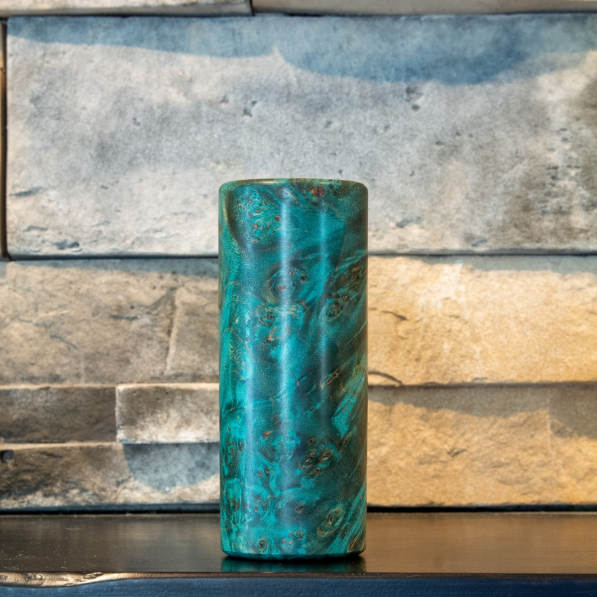 The Verdant Spire stabilized Mappa burl shot glass with dense teal burl figure