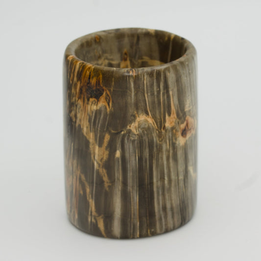 Gree box exile burl wood shot glass against white background