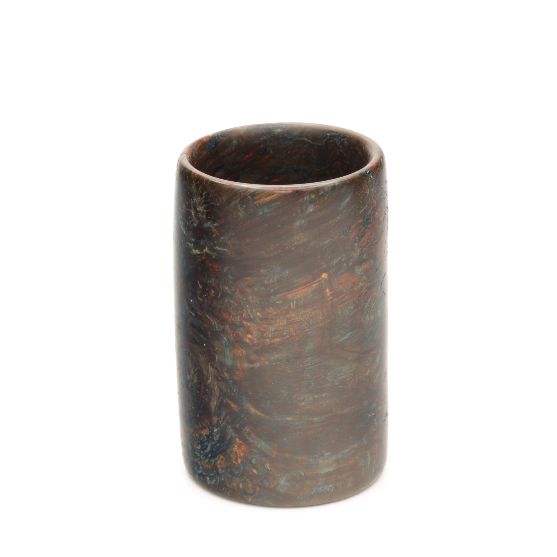 A wood shot glass that looks like a famous painting on white background