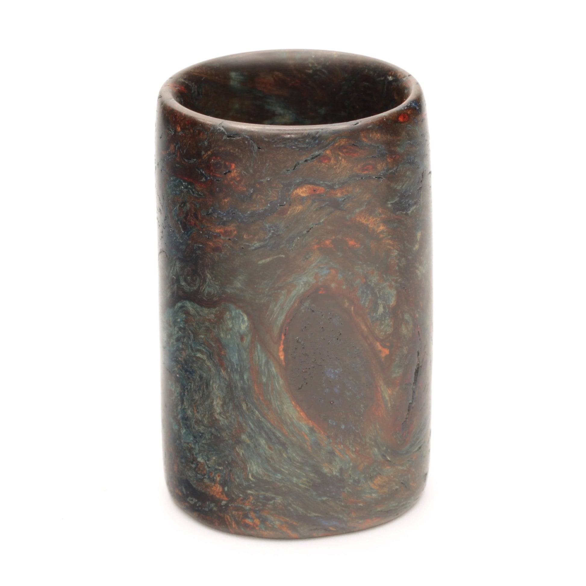 A wood shot glass that looks like a famous painting on white background