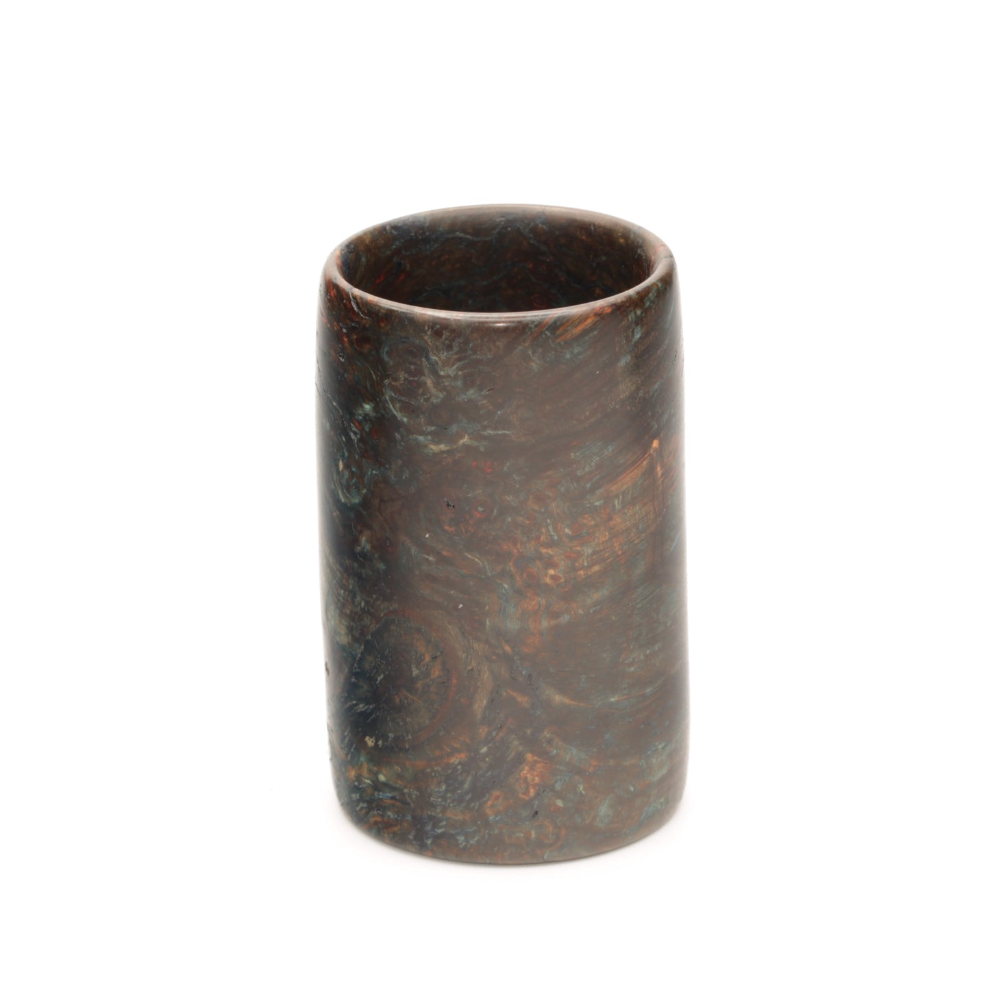 A wood shot glass that looks like a famous painting on white background