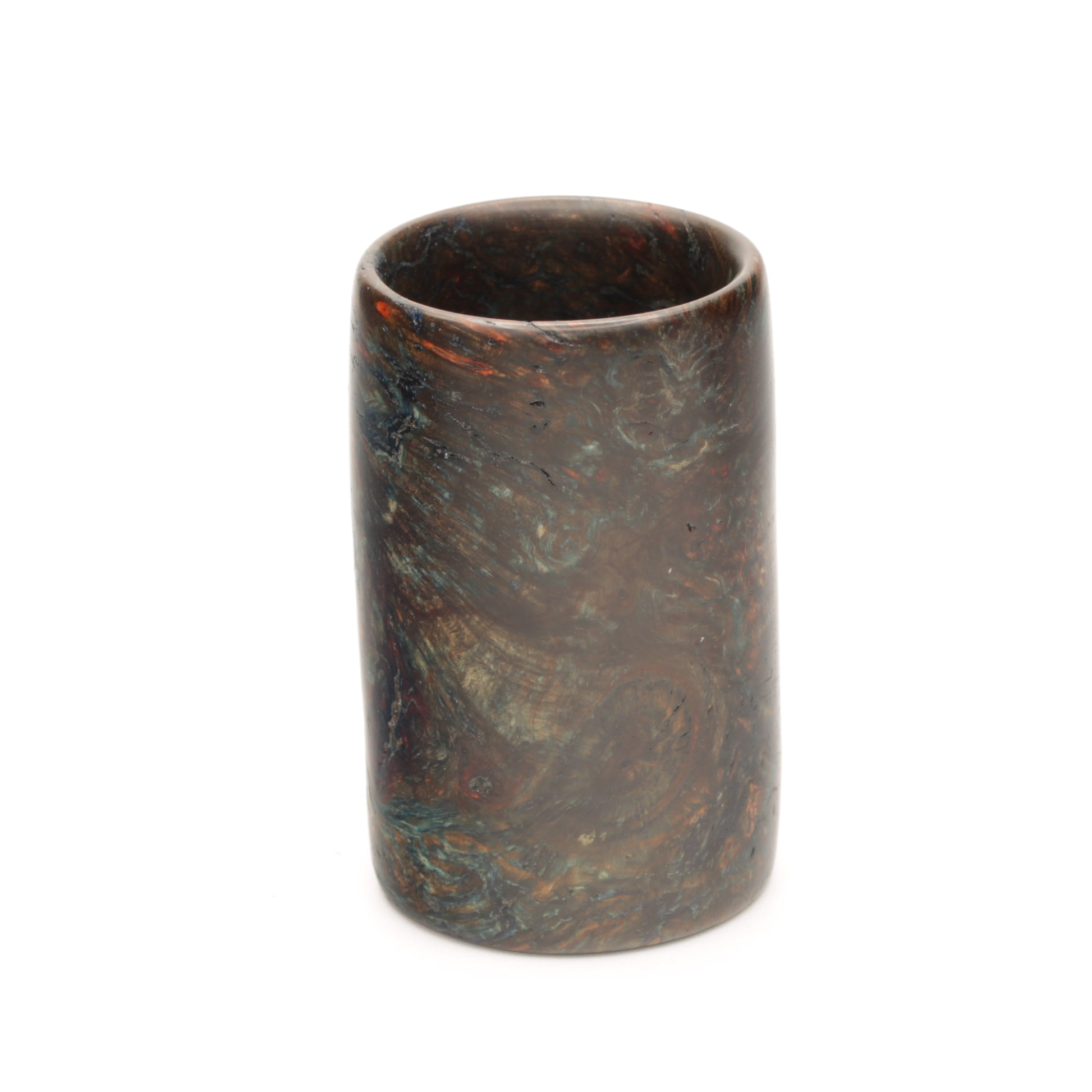A wood shot glass that looks like a famous painting on white background