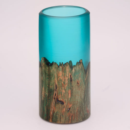 Wood and blue translucent resin shot glass with maple burl wood dyed green