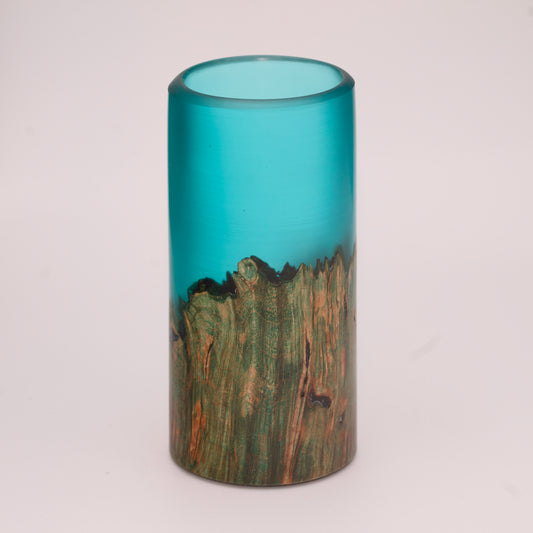 Wood and blue translucent resin shot glass with maple burl wood dyed green