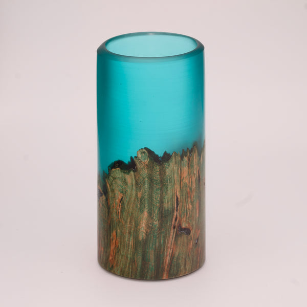 Wood and blue translucent resin shot glass with maple burl wood dyed green