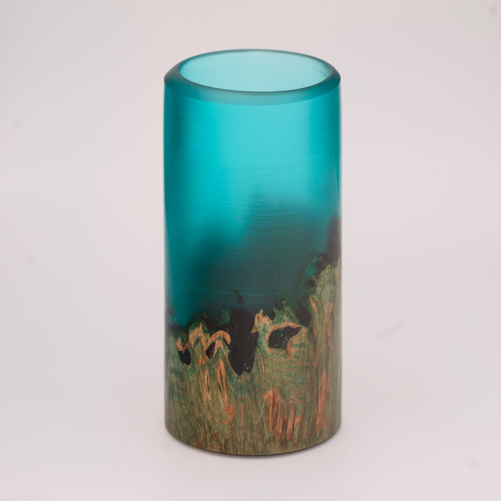 Wood and blue translucent resin shot glass with maple burl wood dyed green
