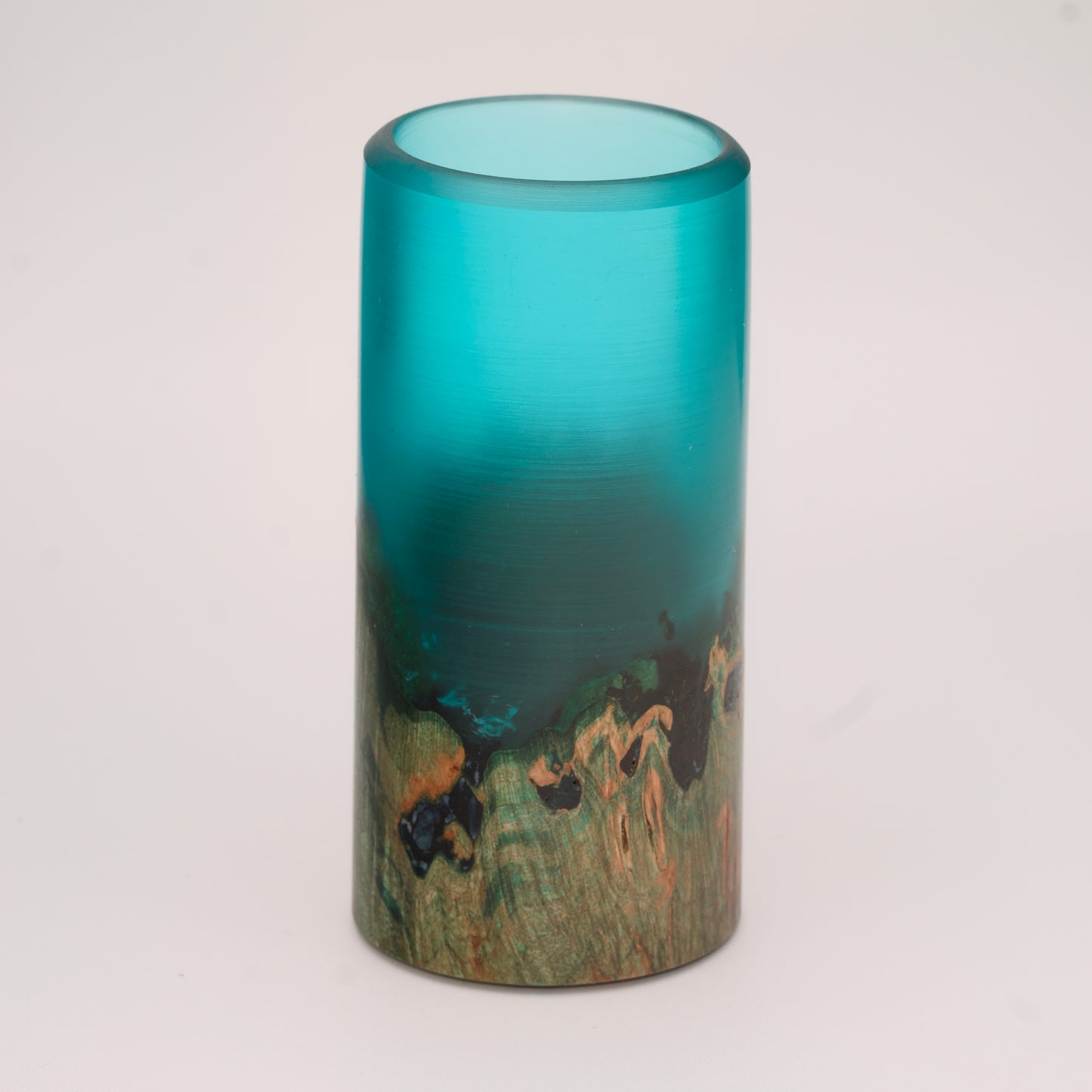 Wood and blue translucent resin shot glass with maple burl wood dyed green
