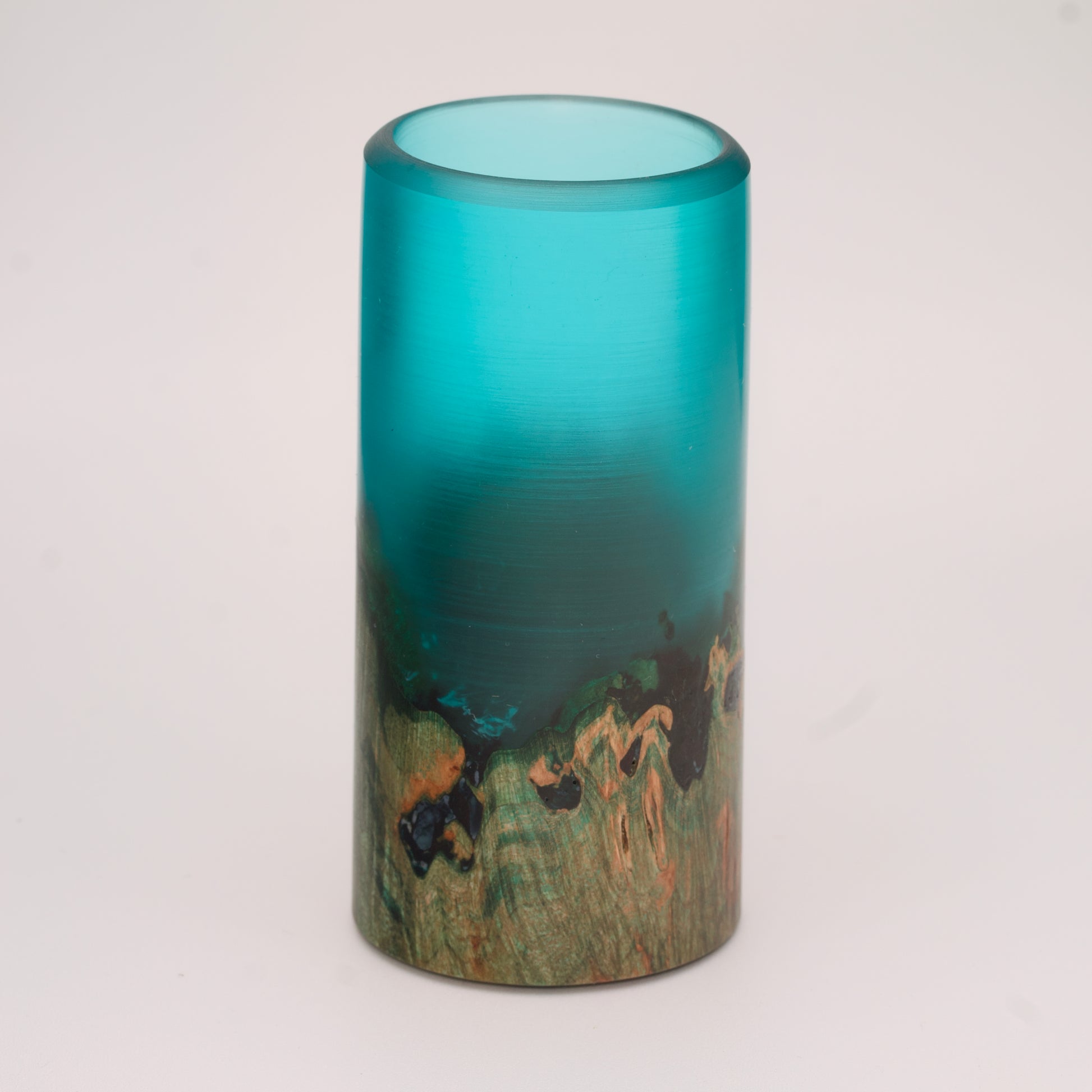 Wood and blue translucent resin shot glass with maple burl wood dyed green