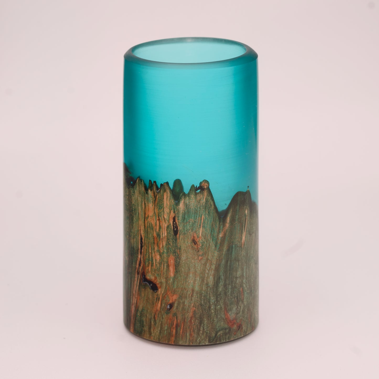 Wood and blue translucent resin shot glass with maple burl wood dyed green