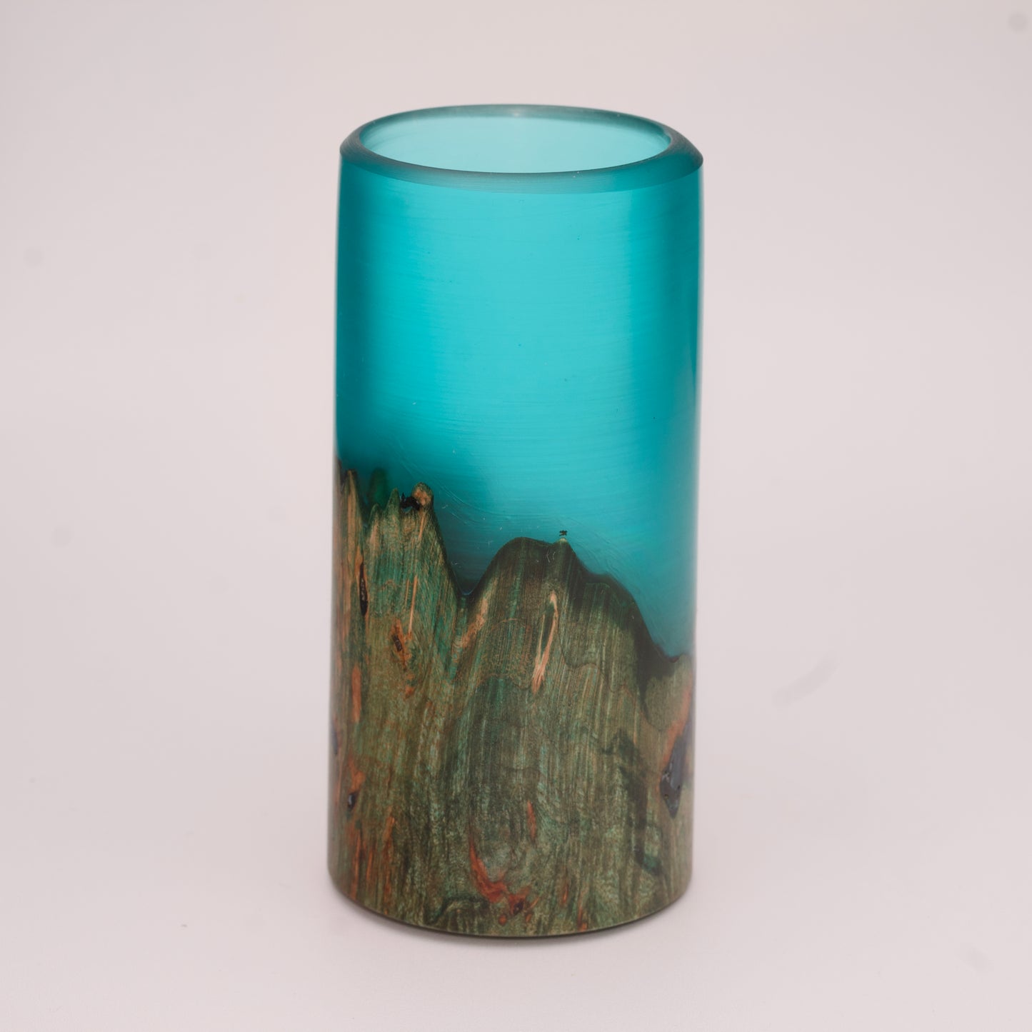 Wood and blue translucent resin shot glass with maple burl wood dyed green