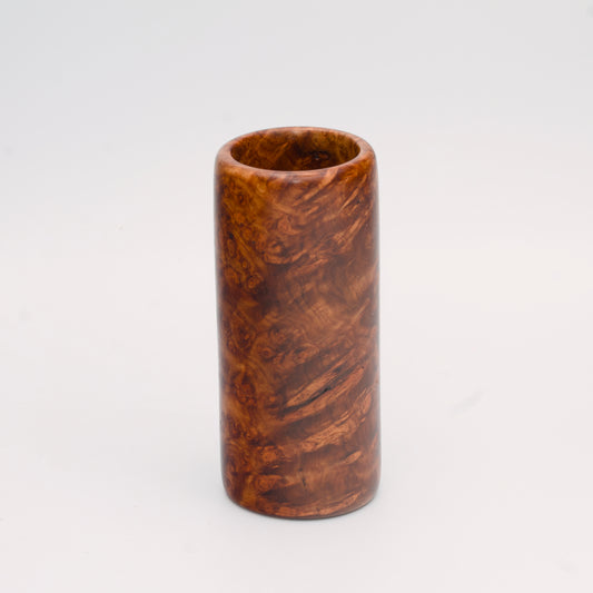 Big Leaf Maple Burl wood shot glass against white background