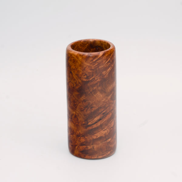 Big Leaf Maple Burl wood shot glass against white background