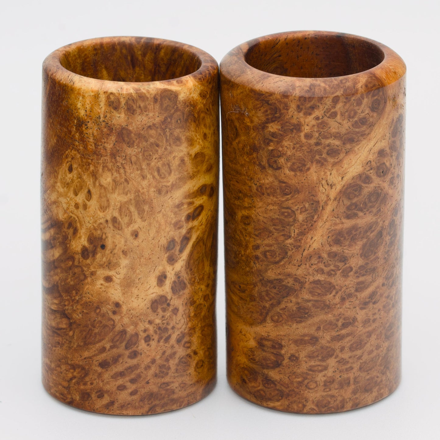 Pair of River Tamarind Burl wood shot glasses