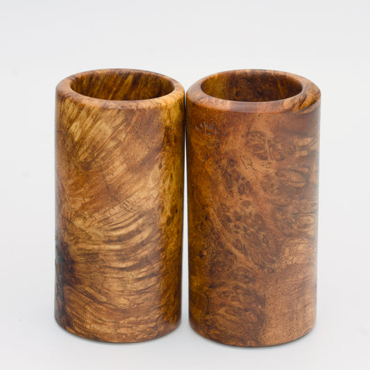 Pair of River Tamarind Burl wood shot glasses