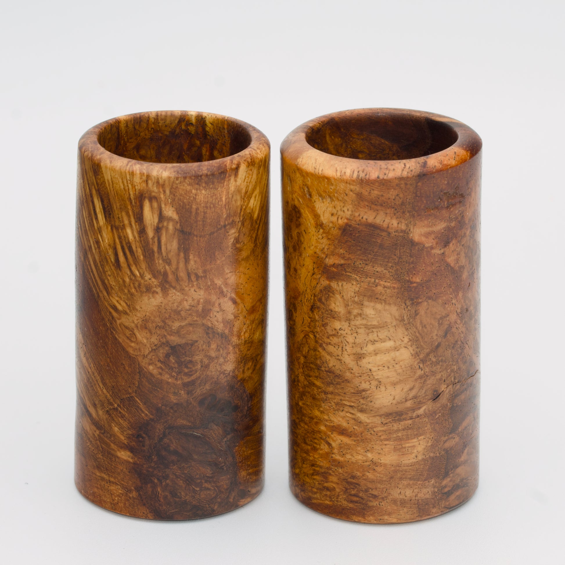 Pair of River Tamarind Burl wood shot glasses