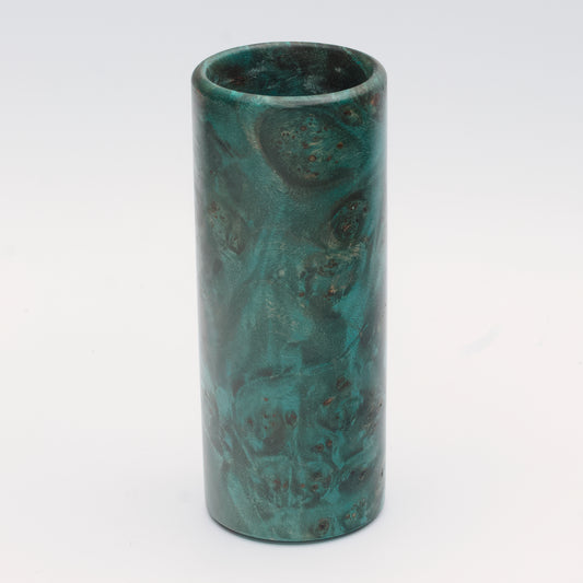 Teal Mapa Burl wood shot glass against white background