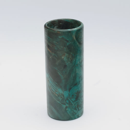 Teal Mapa Burl wood shot glass against white background