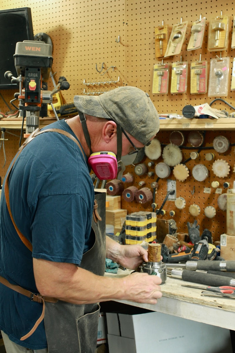 gentry crafted owner and craftsman working on a mango wood cup in his workshop