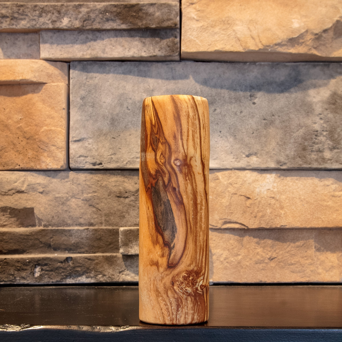 The Gator spalted Florida Live Oak shot glass showing the dark gator-like natural figure and flowing grain