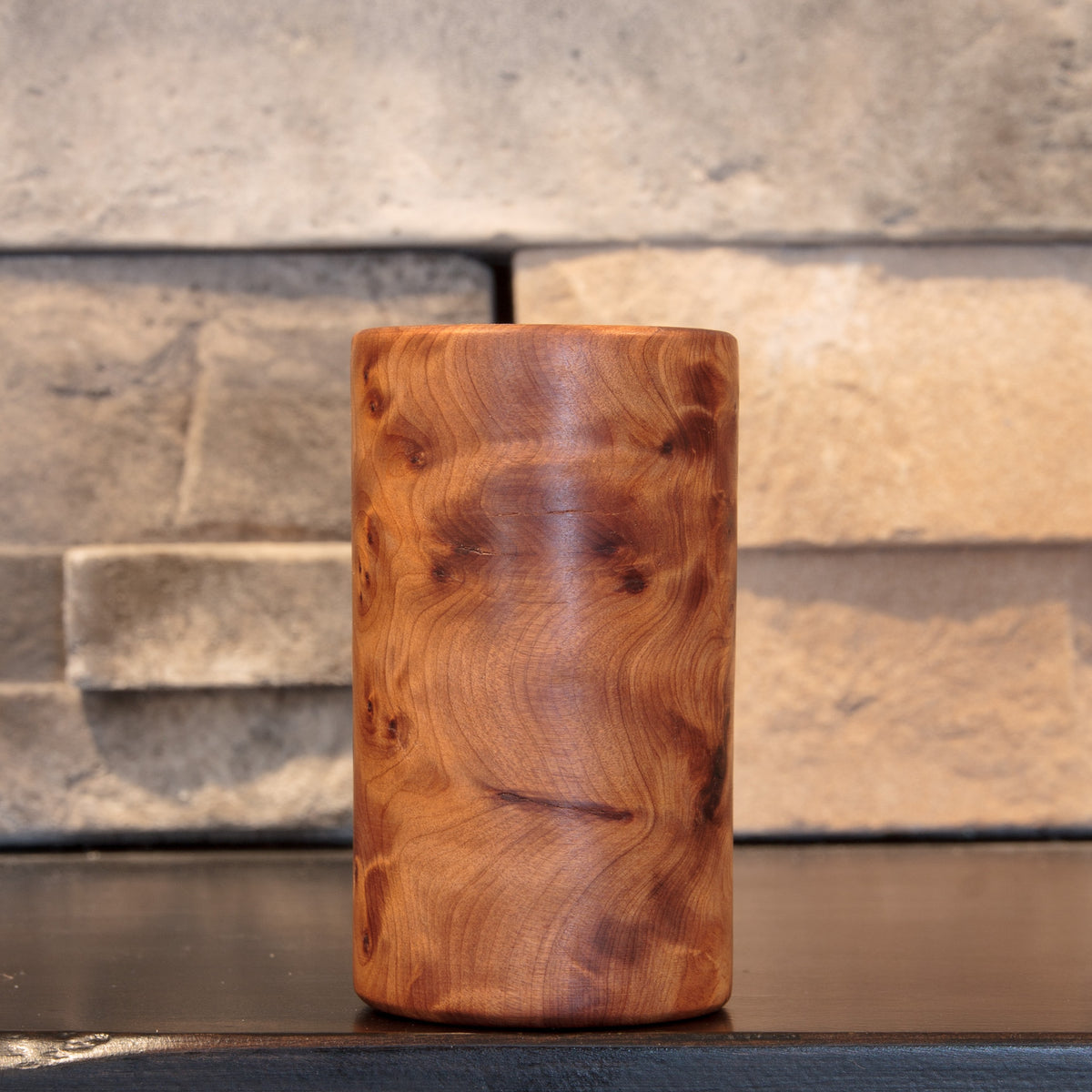 Alternate side of The Scented Testament with broad wavy Thuya Burl grain and a dark linear natural feature