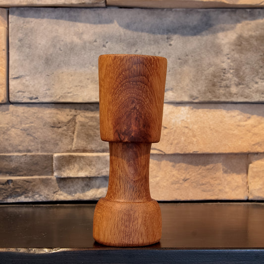The Witness West Virginia White Oak turnabout shot glass showing the full reversible form, natural knot, and prominent oak rays