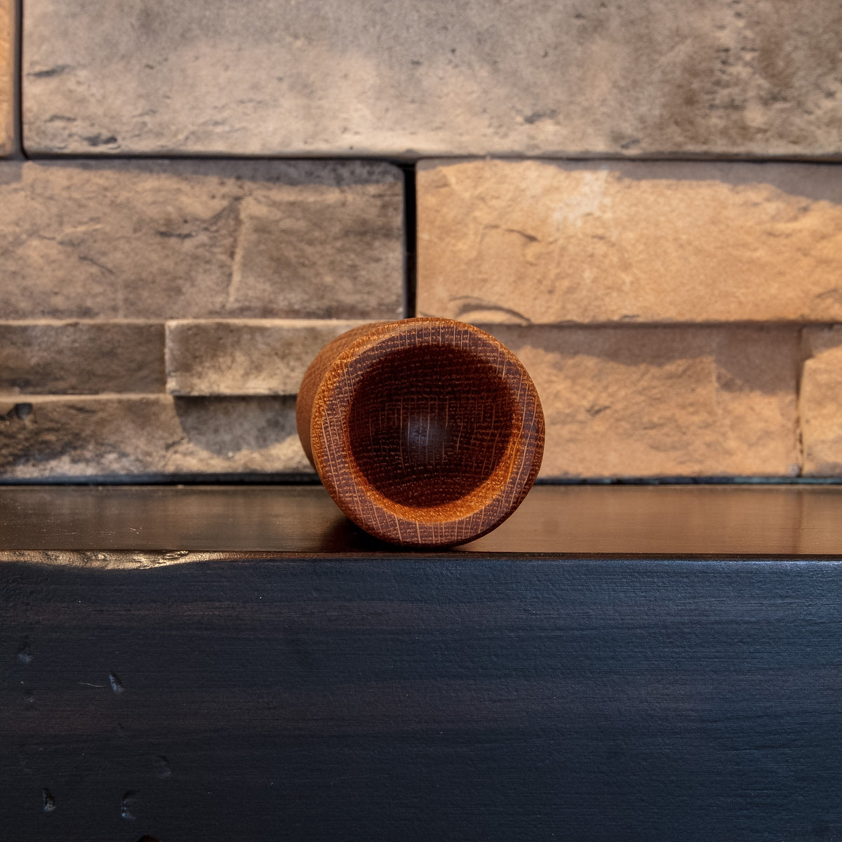 Large drinking end of The Witness showing the rounded rim, deep chamber, and oak end-grain rays